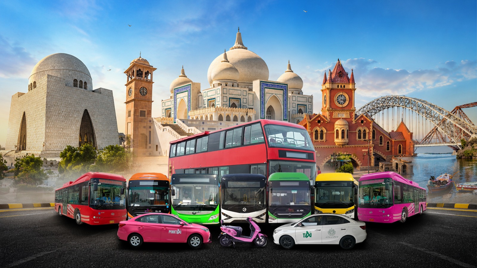 Sindh transport fleet with landmark buildings in the background