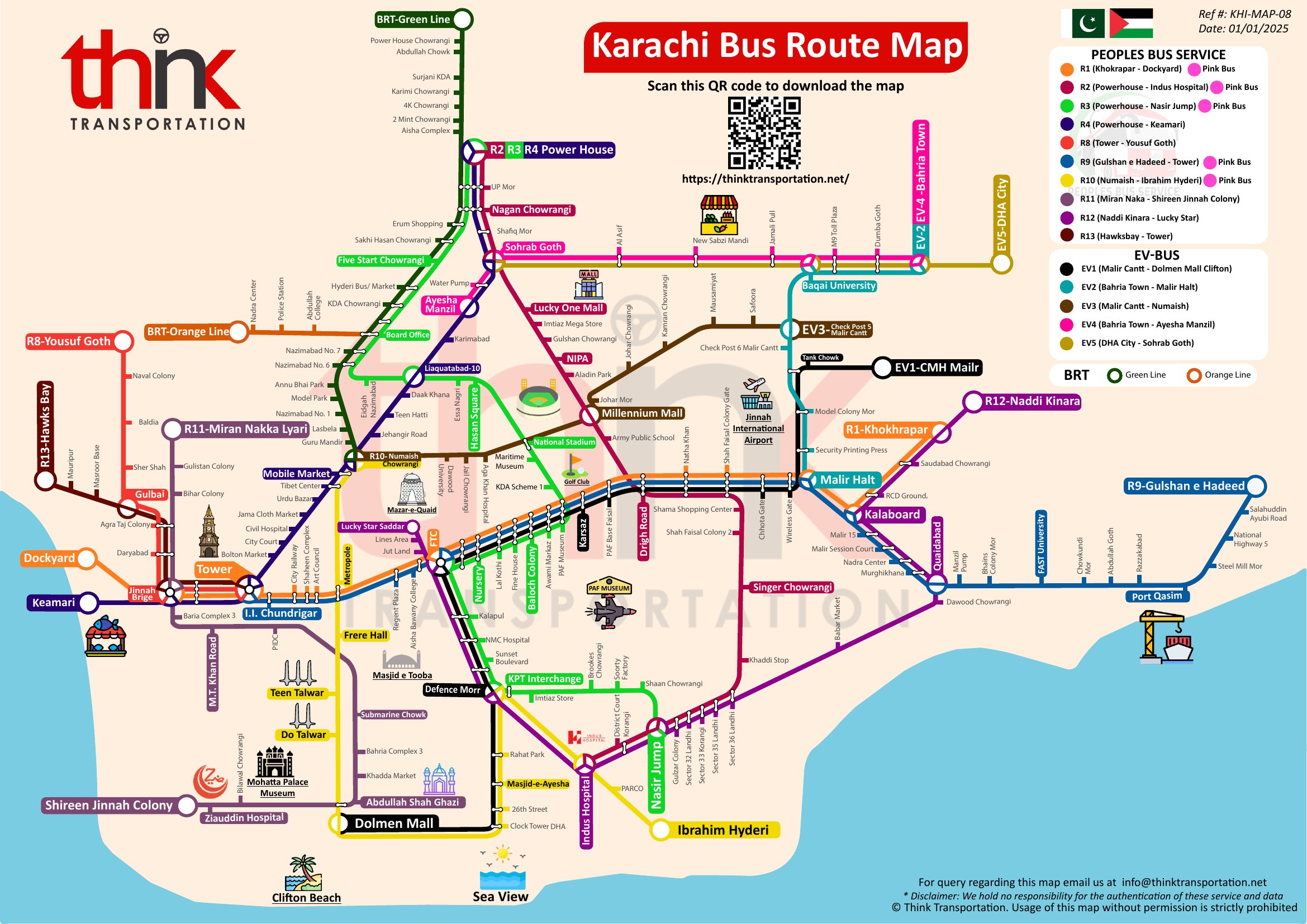 Karachi Bus Route Map — BRT Green & Orange Line, Peoples Bus Service, Pink Bus, and EV-Bus routes